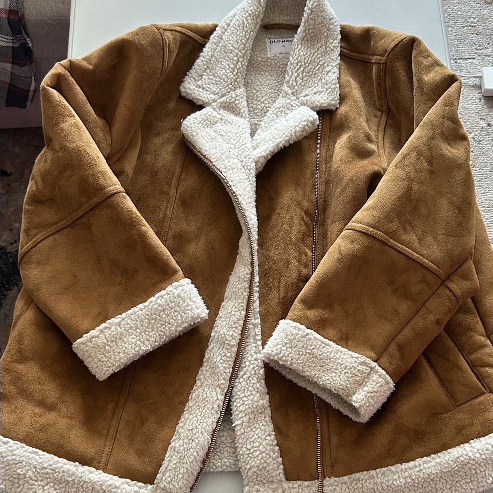 Old Navy Brown and Cream Faux Suede Fleece Lined Moto Jacket